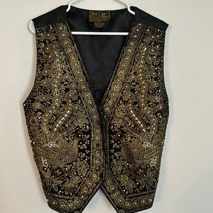 Vintage Bali Chic Hand Beaded Festival Vest Black Gold Sz L